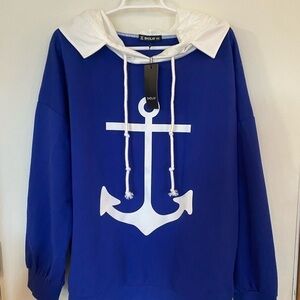 Ladies, long sleeve, hooded top new with tags XXL, blue anchor